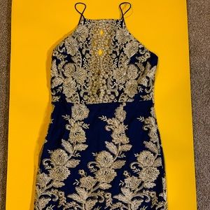 Lace Cami Dress w/ Lace up Back, Size: 6, Navy & Gold Embroidery [Party, Prom]